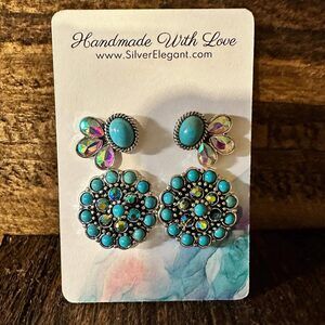 Boho Hippie Cowgirl‎ Western Post Turquoise Stone Earrings Studs, 2 Pack, Gift B